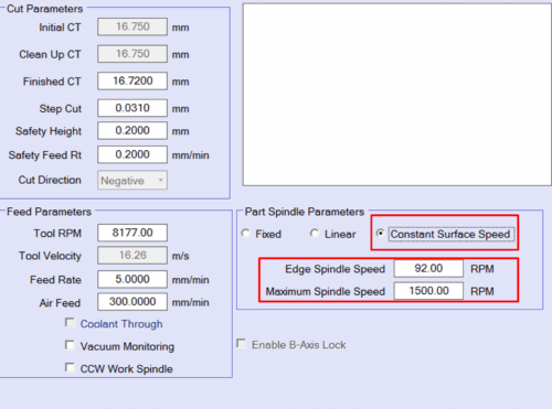 Software screen showing different part spindle parameters, with Constant Surface Speed highlighted.